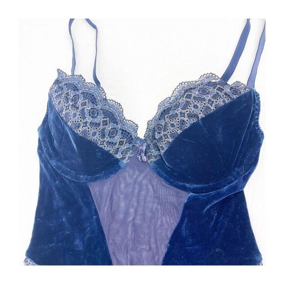 Vintage Victorias Secret Velvet lace one piece bodysuit royal blue deep v snap c - Picture 3 of 16
